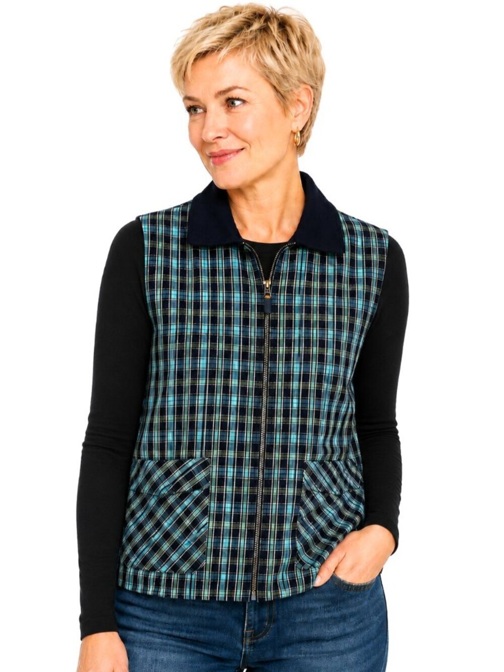 Rene Pontier Blue Green Black Plaid Full Zip Vest